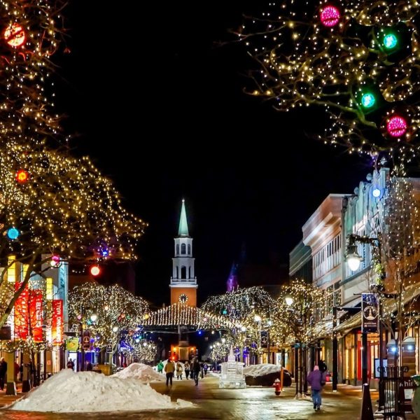 Christmas lights on a town street